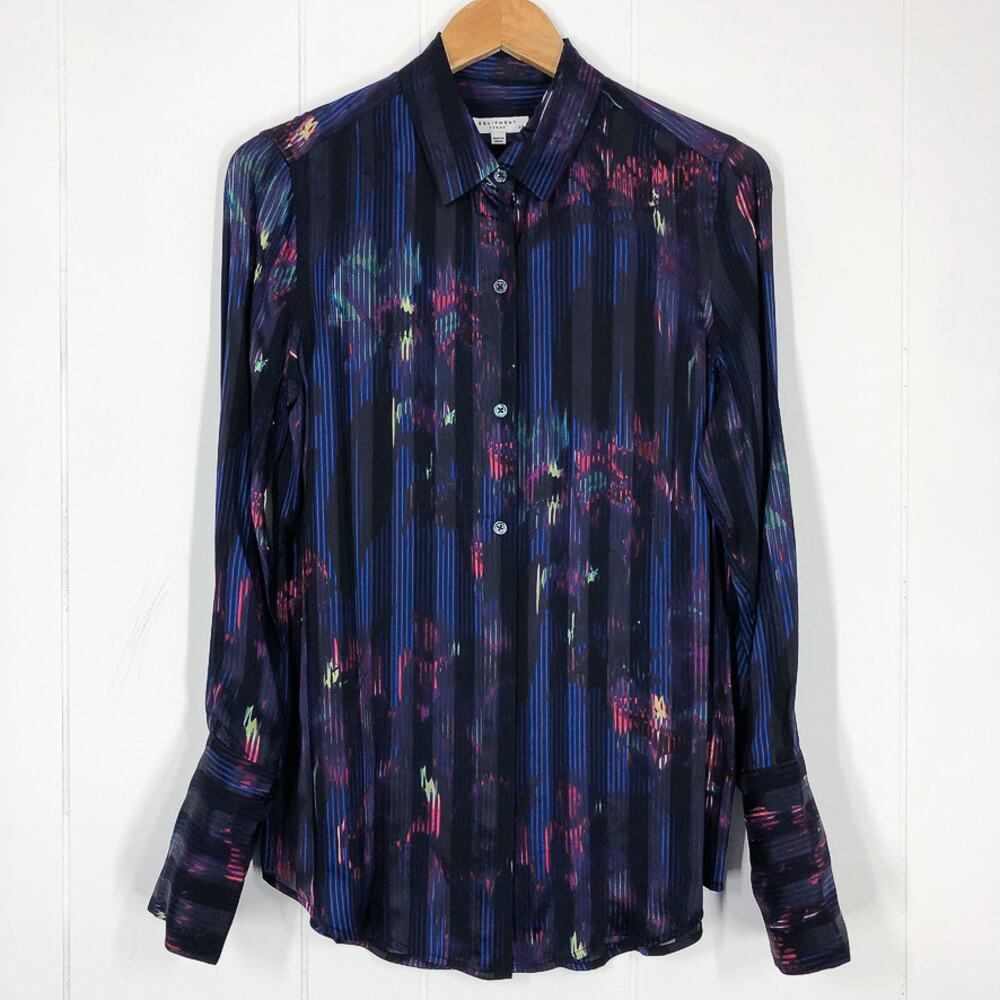Equipment Sheer Silk Blend Button Front Blouse Abstract Stripe Size Small Blue - Picture 3 of 15
